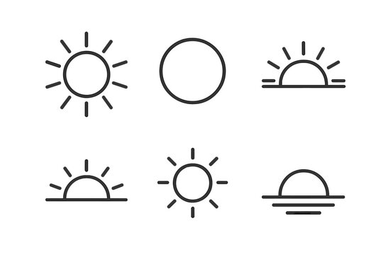 Sun Icon Varieties. Line style icons of Sun: full sun, ray circle, half sun, soft beam arc, round disk, gentle glow shape. No text