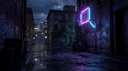 Neon Basketball Hoop on Graffiti Wall in Dark Wet Alley 3D Render