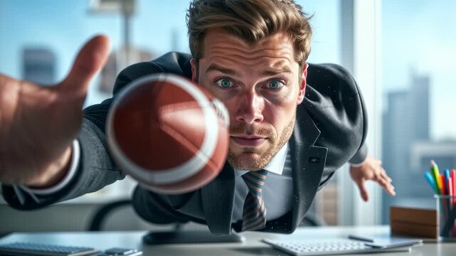 Businessman dodging football ball in office close-up slow motion