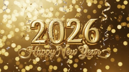 Happy new year 2026 golden balloon numbers with falling confetti on a glowing bokeh background