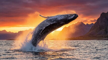 Obraz premium Humpback Whale Breaching In Ocean At Sunset With Mountains