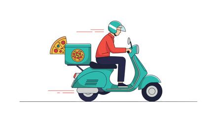 Fast pizza delivery service concept featuring a courier riding a teal scooter with a pizza box on the back against a white background.