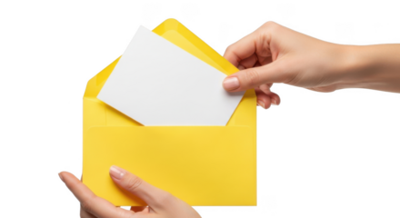 Female hands holding open yellow envelope with blank white card inside isolated on transparent background for mock up