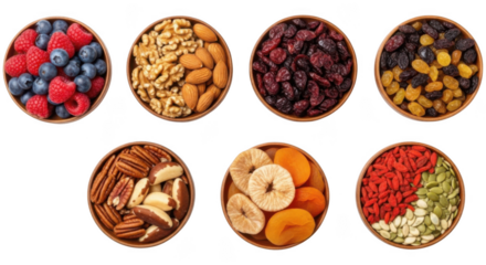 Eight bowls of assorted nuts berries dried fruits and seeds isolated on transparent background healthy food