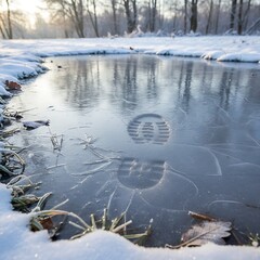 Footprints on frozen pond surrounded by snowy landscape, serene winter scene, copy space
