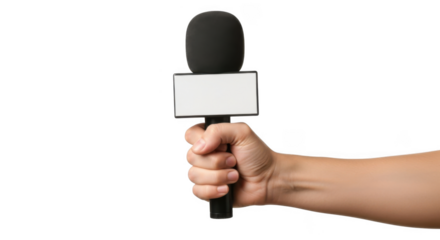 Hand holding microphone for interview on transparent background, journalist equipment, news gathering, broadcasting, media communication, recording
