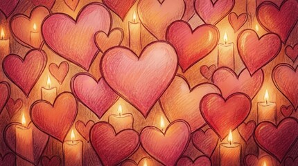 A warm and romantic illustration featuring numerous heart shapes in various sizes with lit candles creating a cozy atmosphere