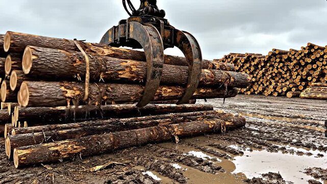 Heavy-duty logging grapple with curved steel tines lifting stacked logs at an outdoor timber yard
