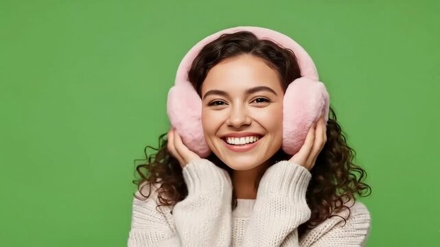 Woman wearing pink earmuffs smiling happily with hands on ears