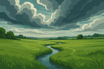 Serene Field Stream. Scenic shot of a green field with a small winding stream under a vector illustration dramatic cloudy sky,