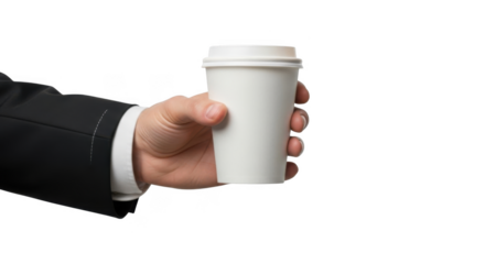 Hand in suit holding white disposable coffee cup isolated on transparent background png