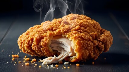 A mouthwatering piece of fried chicken on a dark surface with steam rising
