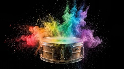 A Vintage Snare Drum with a Colorful Powder Explosion on a Black Background