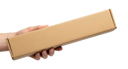 Human hand holding long rectangular brown cardboard box isolated on transparent background blank package for delivery