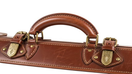 Close up of a brown leather briefcase handle and brass clasps image