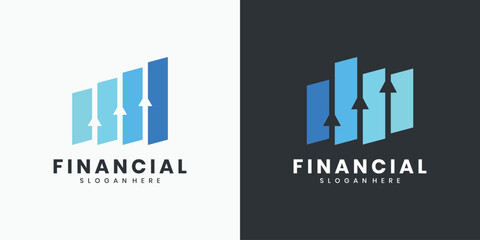 Financial logo with upward arrow and bar chart symbol