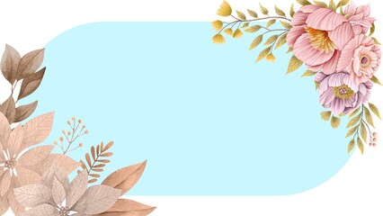 Elegant watercolor floral frame featuring soft pastel blossoms and earthy leaves on a light blue background, perfect for refined invitations, greeting cards, or decorative borders