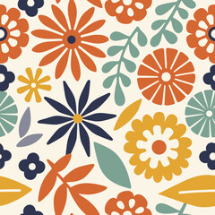 Floral Pattern Seamless Design With Orange Blooms And Leaves