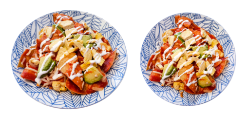 Two plates showing chilaquiles covered in salsa and toppings on white background