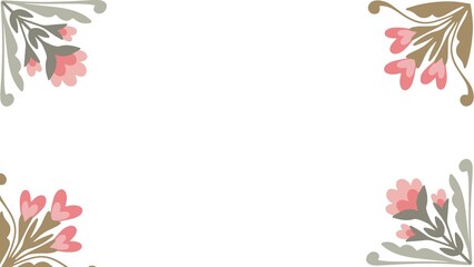 Floral Corner Design with Pink Flowers and Green Leaves on White Background