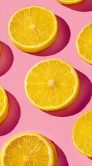Fototapeta premium Bright, vibrant yellow lemon slices arranged aesthetically on a pink background create a cheerful, summery feeling, perfect for food, health, or culinary themes in your projects.