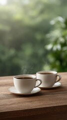 Fototapeta premium Serene Composition of Two Steaming Coffee Cups on Wooden Table Surrounded by Nature