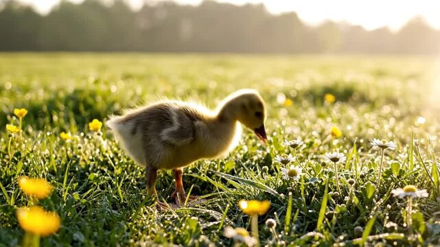 Adorable baby goose chick explores a dewy meadow of wildflowers and bright sunshine in early morning