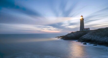 Lighthouse on a rocky cliff at dusk overlooking a calm ocean