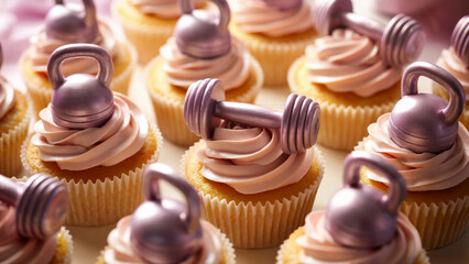 Cupcakes with buttercream and marzipan dumbbells and kettlebells. Unhealthy choice for weight loss. Pastel colors. Obesity, contradiction, wrong choices, nutrition, carbohydrates, sugar concept.	