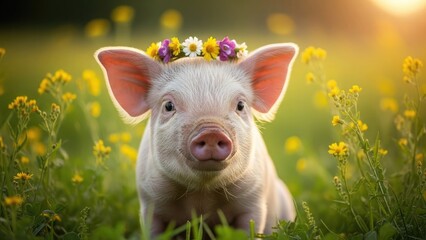 A small pig with a floral crown standing in a lush green meadow with yellow flowers