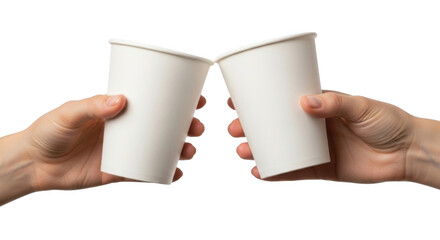 Two white paper cups clinking together in hands isolated on transparent background png