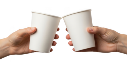 Two white paper cups clinking together in hands isolated on transparent background png