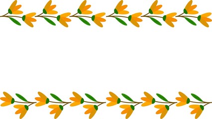 Simple decorative border of yellow flowers and green leaves on a white background