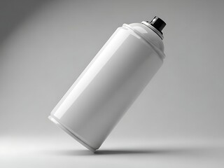 White aerosol spray can tilted on a light gray studio background