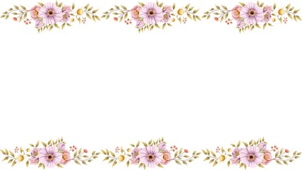 Watercolor floral borders with delicate pink blossoms and green foliage, forming an elegant decorative frame perfect for invitations, stationery, and design projects