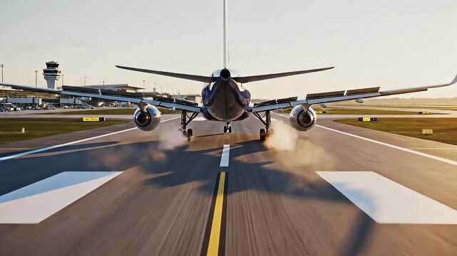 Airplane accelerating down runway for takeoff