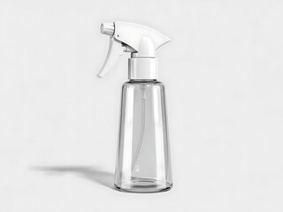Clear plastic spray bottle with white trigger sprayer, mockup for cosmetic or cleaning product, isolated on white background