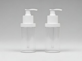 Two clear plastic cosmetic bottles with white pump dispensers, empty containers for lotion or soap, studio shot on light gray background