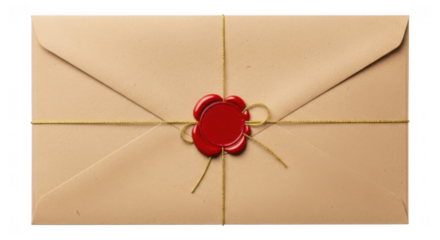 Vintage kraft paper envelope tied with golden string and sealed with red wax stamp isolated on transparent background