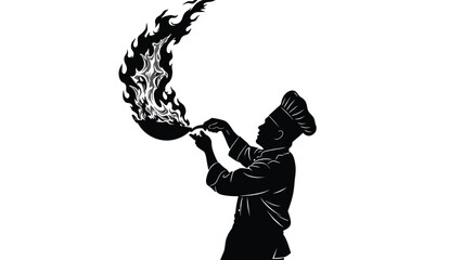 Fototapeta premium Chef cooking with flaming wok silhouette vector