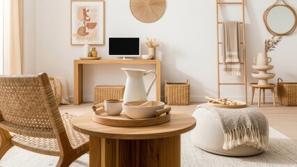 A serene and naturally lit living room with a blend of bohemian and minimalist decor