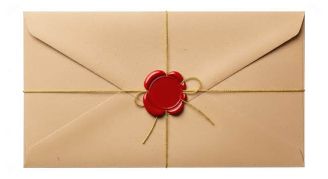 Vintage kraft paper envelope tied with golden string and sealed with red wax stamp isolated on transparent background - Powered by Adobe