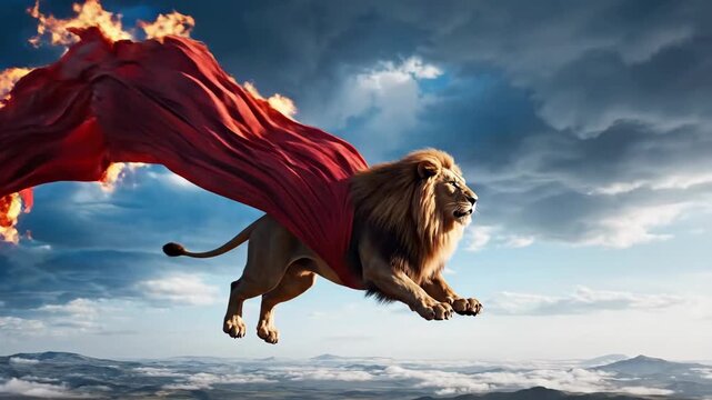 Majestic Lion Soars Through Fiery Skies with Crimson Cape