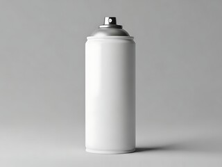 White aerosol spray can with silver cap, mockup for paint or cosmetic product, studio shot against gray background