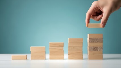 Hand building a stack of wooden blocks in a gradual growth pattern against a blue background, symbolizing progress and development in a structured and organized manner.