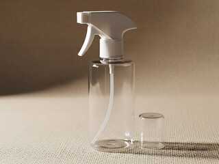 Clear plastic spray bottle with white trigger sprayer on textured beige surface with dramatic lighting