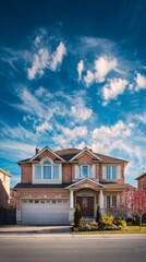 Stunning suburban two-story brick house with elegant architecture, manicured landscaping, and dramatic blue sky with wispy clouds creating a picturesque residential scene