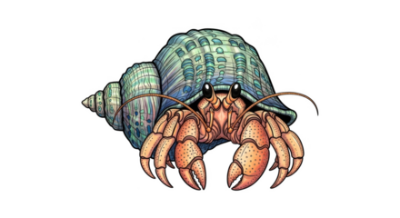 Detailed illustration of a hermit crab with a blue green patterned shell on a black background crustacean
