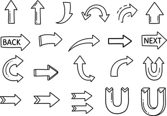 a collection of various black and white line art arrow icons depicting direction movement and navigation concepts in a simple style