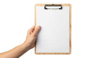Woman hand holding wooden clipboard with blank white paper isolated on transparent background ready for your design